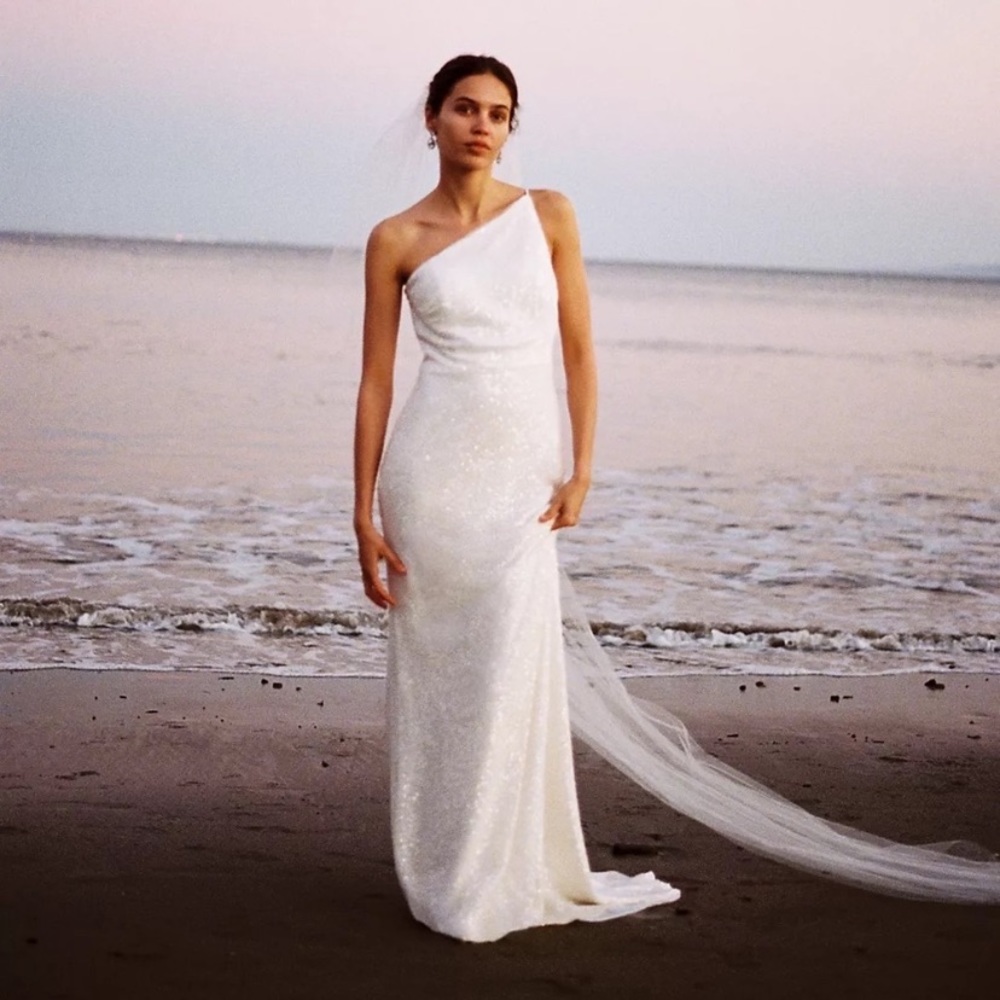 Jenny Yoo Zara Dress. One shoulder, sequins sparkly and perfect for any bride!